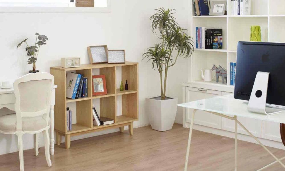 A home office with a white desk, a computer, bookshelves, and decorative plants, providing a clean and organized workspace.